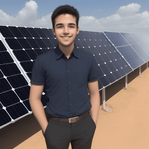 AI generated: The young entrepreneur smiling and standing in front of solar panels that he has built
