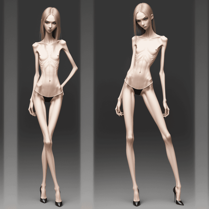 AI generated: extreme beautiful skinny slender (almost anorexic) girl with skinny slender thighs narrow, long fing...