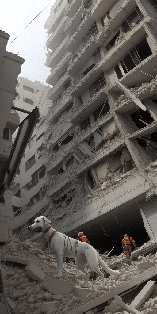 AI generated: following a huge earthquake, rescuers men dogs, cranes, seek
  survivors in the rubble