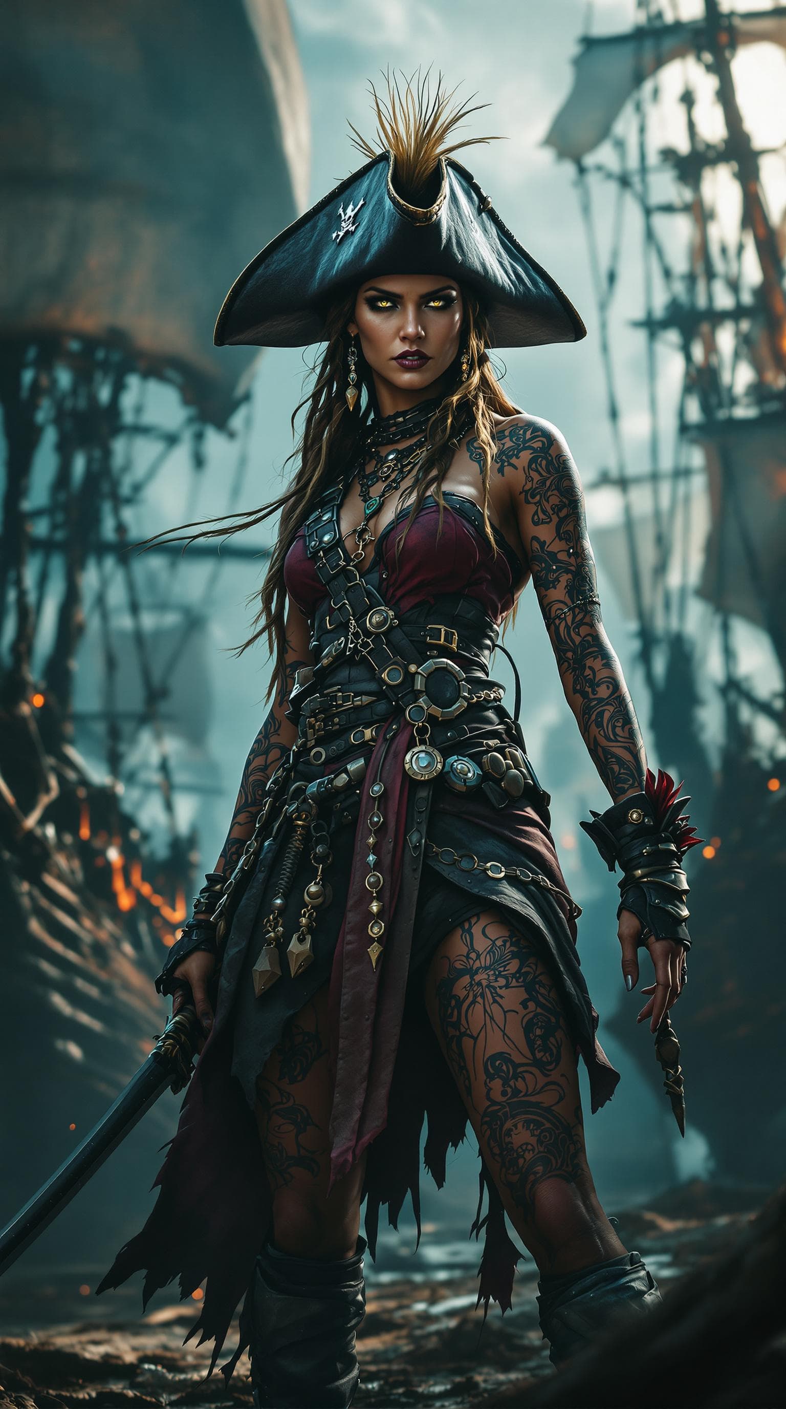 AI generated: A commanding Native Caribbean pirate captain stands tall amidst the Pirate City of Lost Ships, her f...
