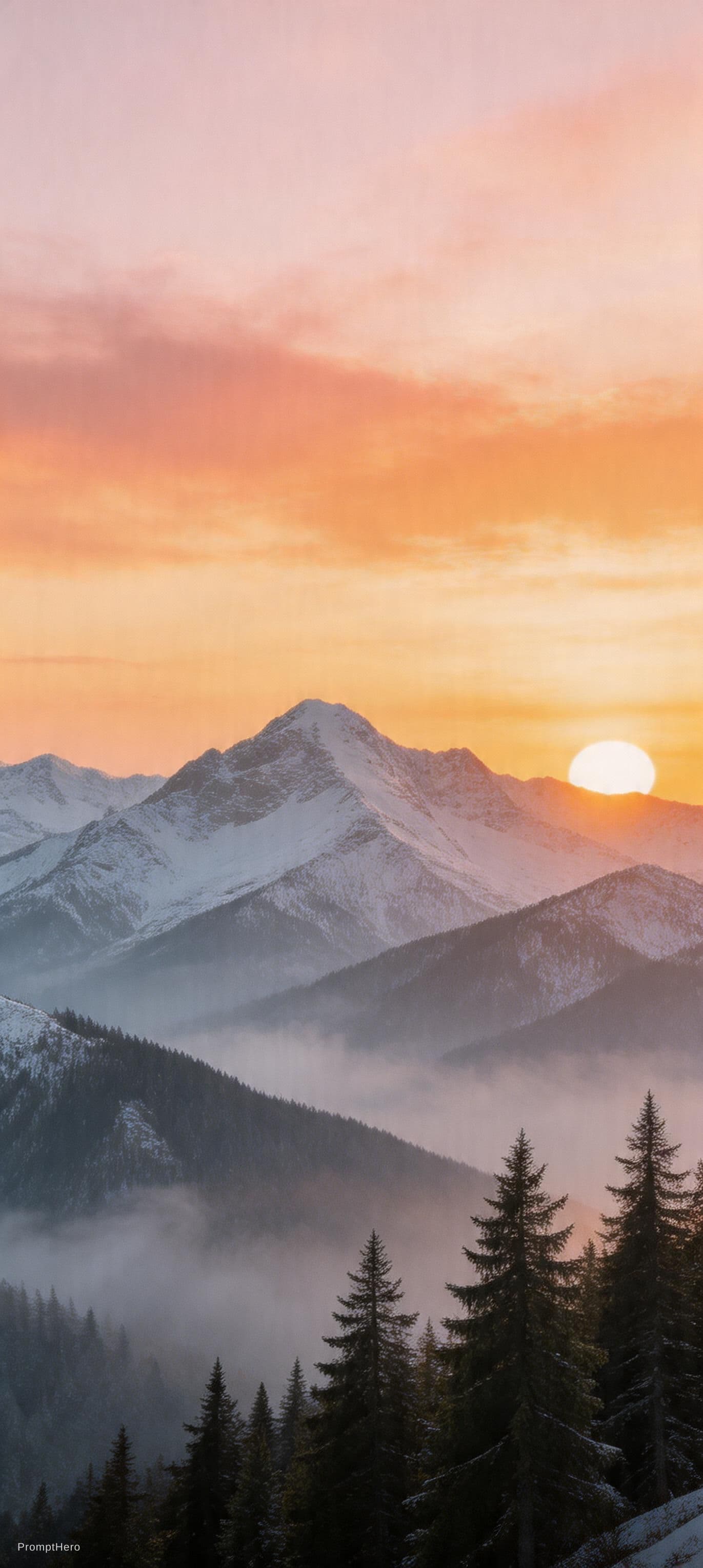 AI generated: A serene mountain landscape at sunset with snow-capped peaks