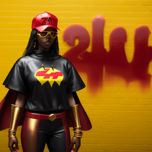 AI generated:  EBONY WOMAN with a red baseball cap backwards, sunglasses, in a red metallic dark knight armour sui...