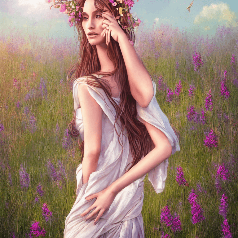 AI generated: style of hyperrealistic full length portrait of gorgeous goddess | standing in field full of flowers...