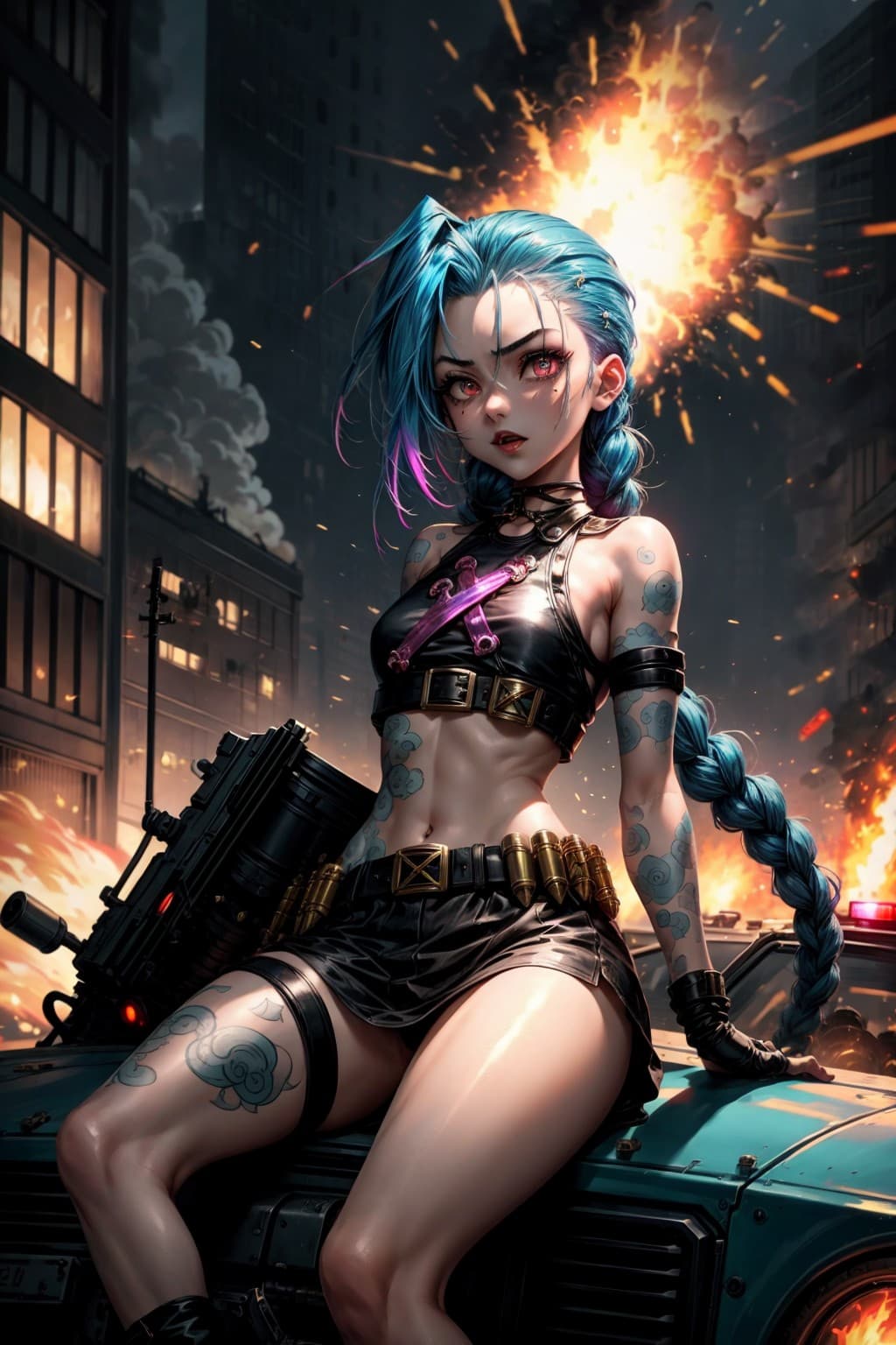 AI generated: Jinx, on top of a police car, explosions behind her, fire, chaos, minigun, far view, bullet hell, <l...