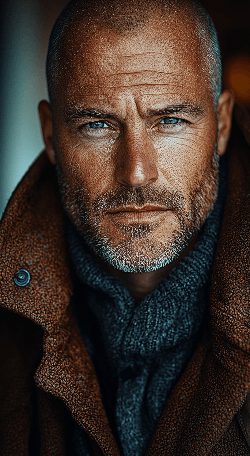 AI generated: ultra close-up of a handsome 40 year old bald male model, ultra-realistic, portrait, shot on a Sony ...