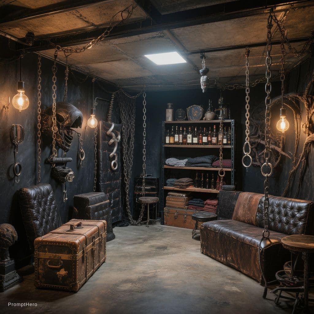AI generated: Create a hyper-realistic wide-angle landscape photograph of the finished basement of a typical subur...