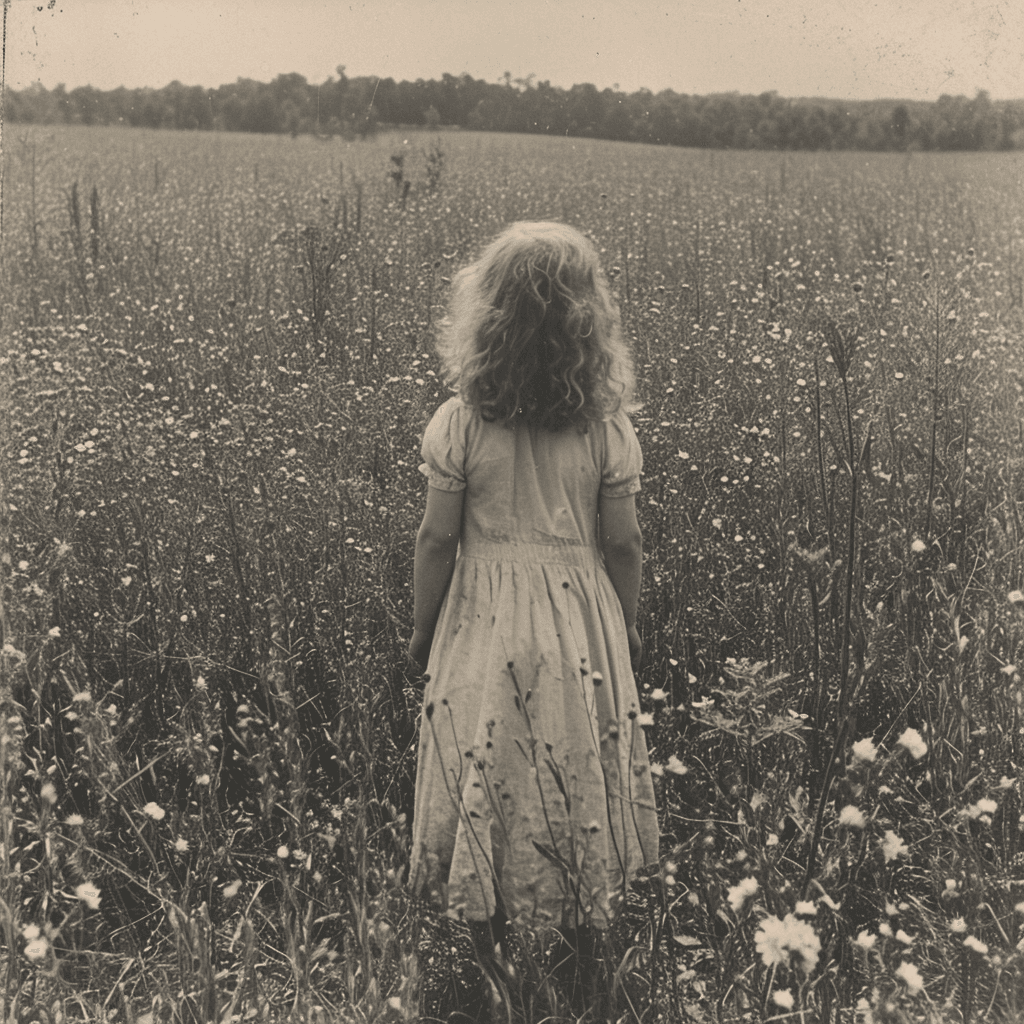 AI generated: vintage photograph, black and white, child in a field, emotional expression --ar 1:1 --stylize 750 -...