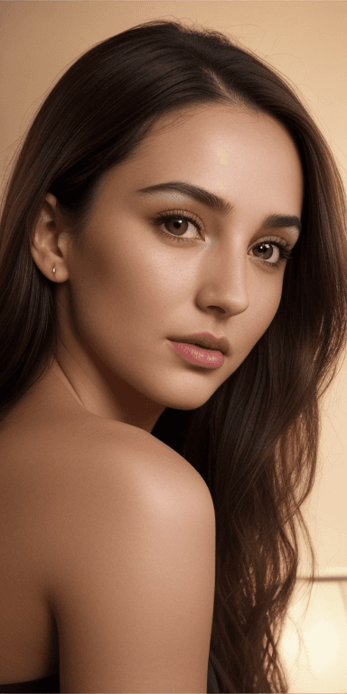AI generated: (Hazel eyes) ((dark black background)) ((face side lit with golden light lamp)) ((Eyes: hazel, almon...