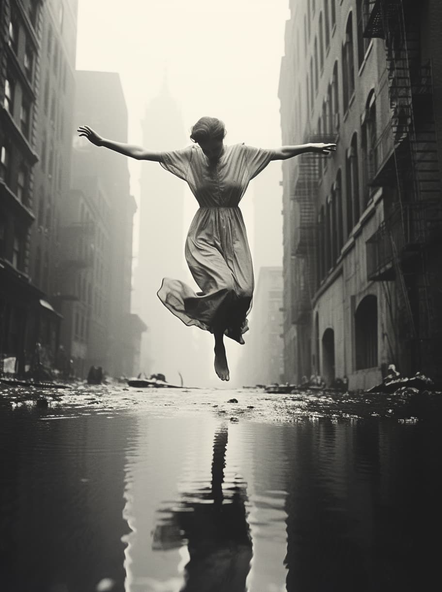AI generated: vintage photo of a model jumping over a puddle in NY, long flowing dress--q 2 --v 5.2 --ar 3:4