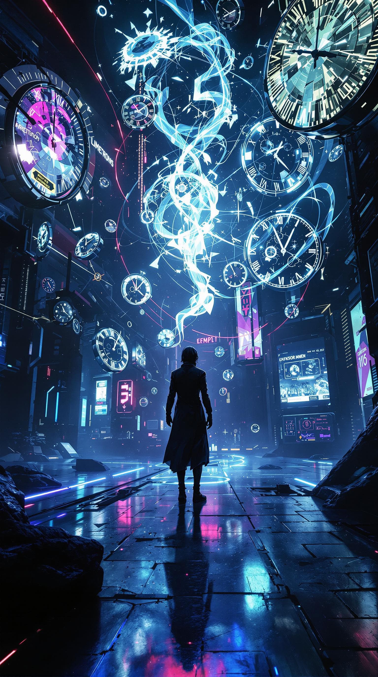 AI generated: Futuristic concept art depicting a dark sci-fi scene illustrating time manipulation. A figure stands...
