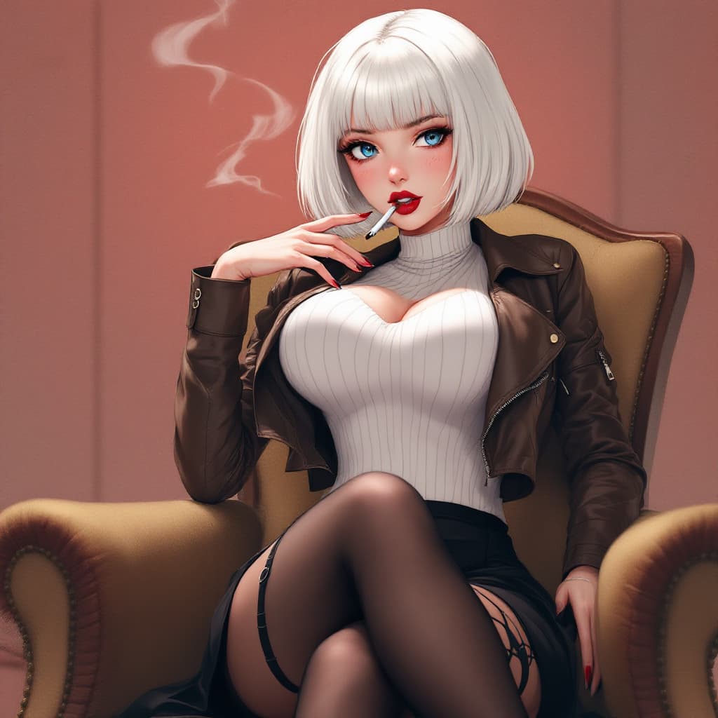 AI generated: anime, woman, white hair, bob cut, blue eyes, freckles, red lips, white sweater, tight sweater, shor...