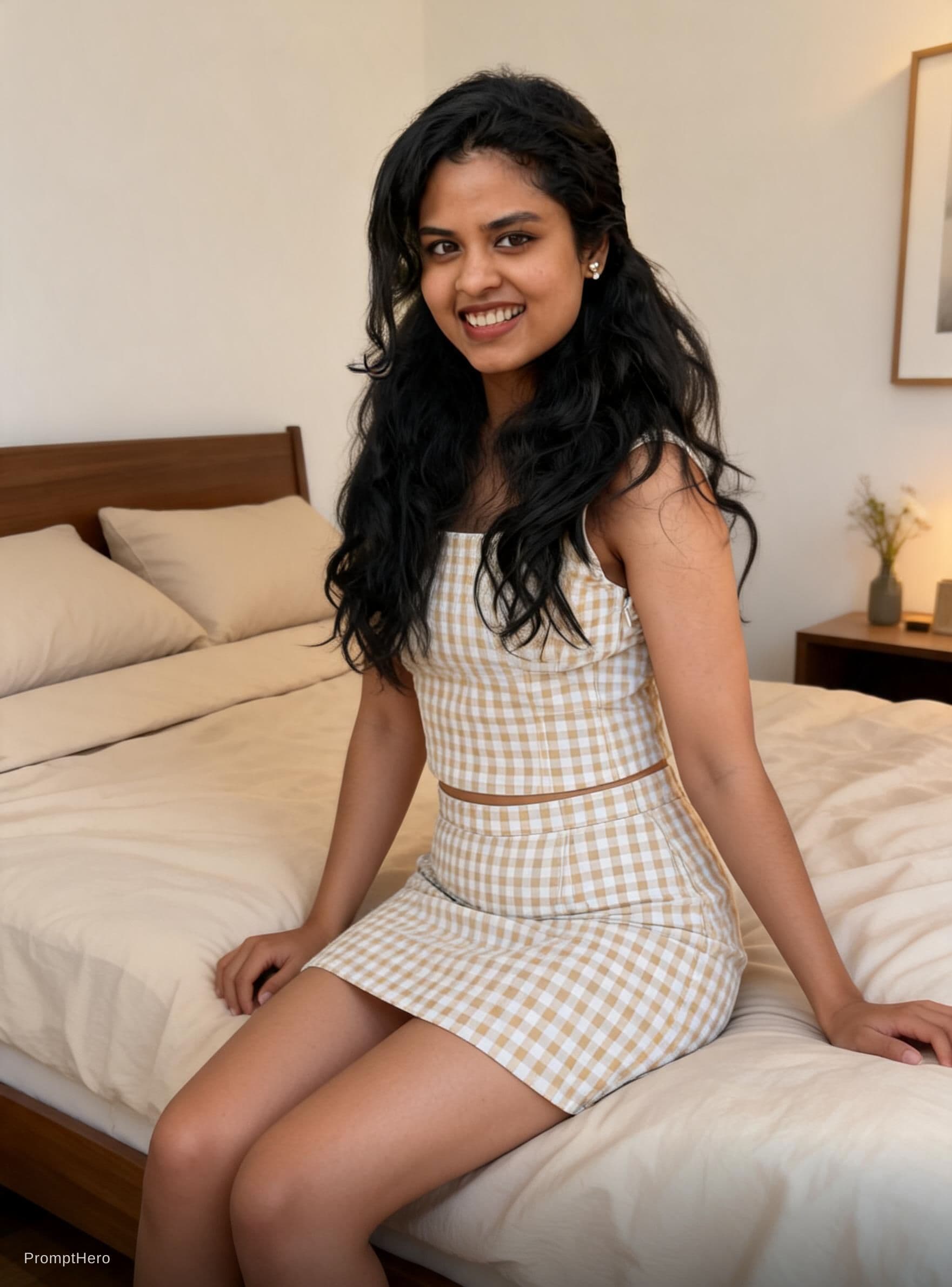 AI generated: put her on bed short skirt