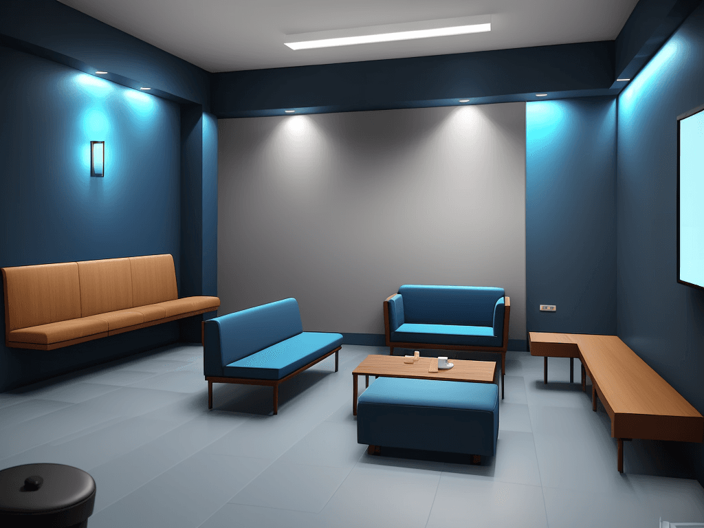 AI generated: medium rest room, in a blue tone, with sofa, bench with coffee, simple corporate environment, televi...