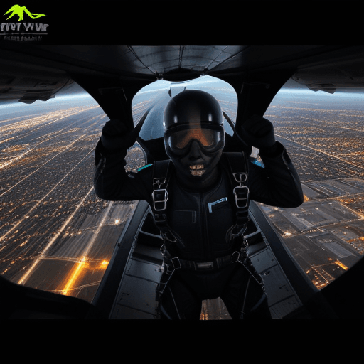 AI generated: ultra realistic man skydiving from plane, Las Vegas small in the distance, night, creepy, dark, thun...