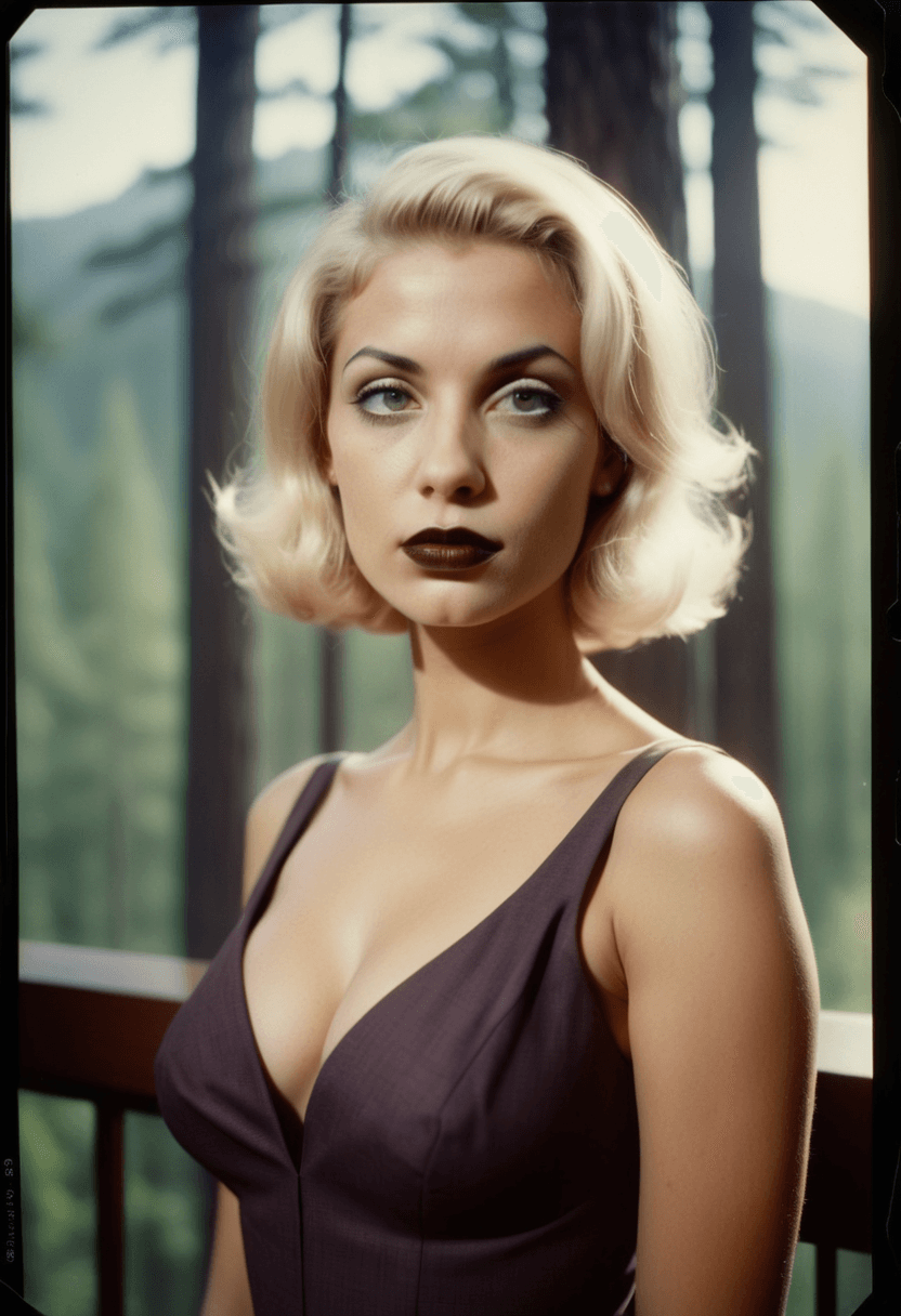 AI generated: analog color film photograph of a blonde hair woman, piercing light colored perfect eyes, dark lipst...