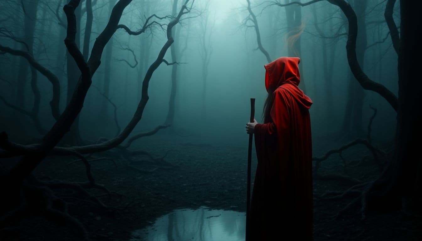 AI generated: a person standing in a dark, misty forest, holding a staff with a glowing tip. The person is wearing...