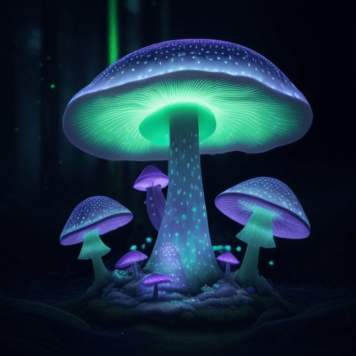 AI generated: neon glowing bioluminescent soft skinned mushroom with luminous forest backdrop, incredible detail, ...