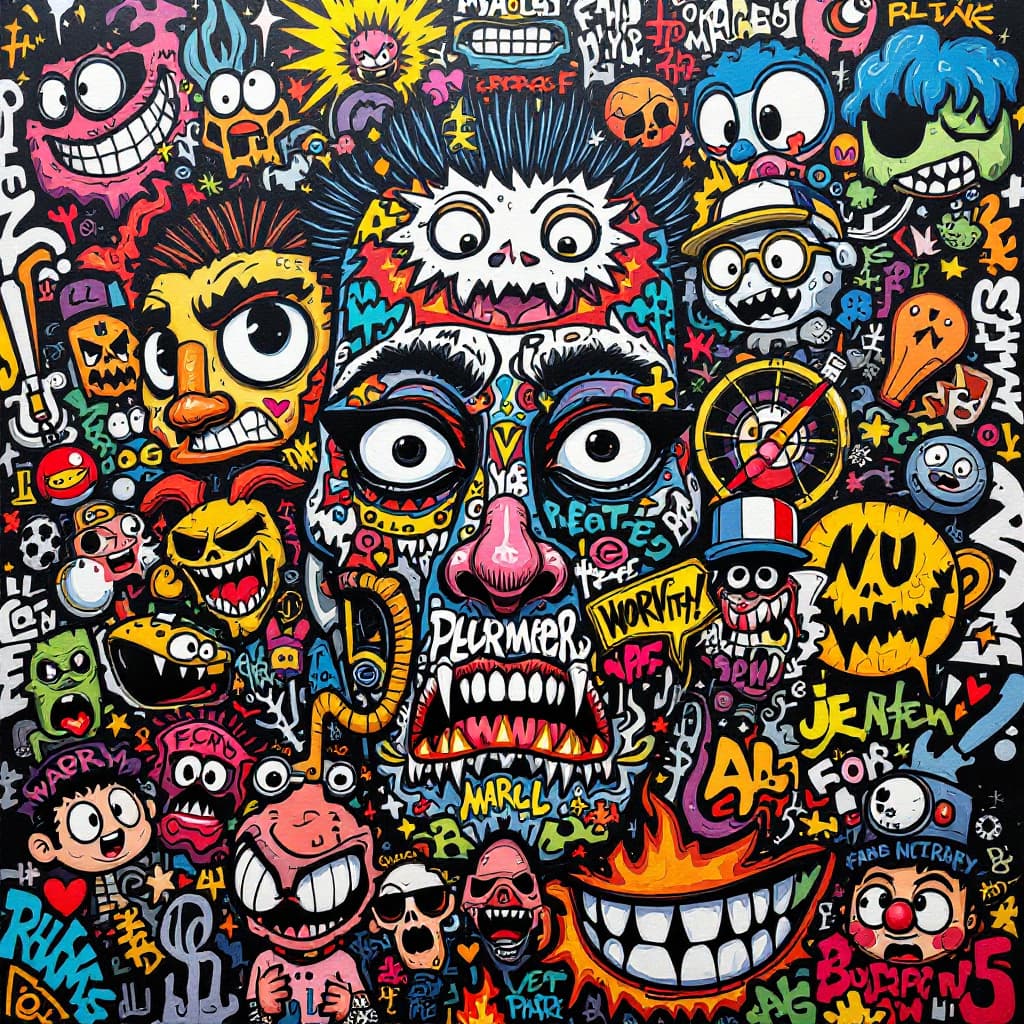 AI generated: An intricate and colorful graffiti-style poster featuring various elements, such as cartoon characte...