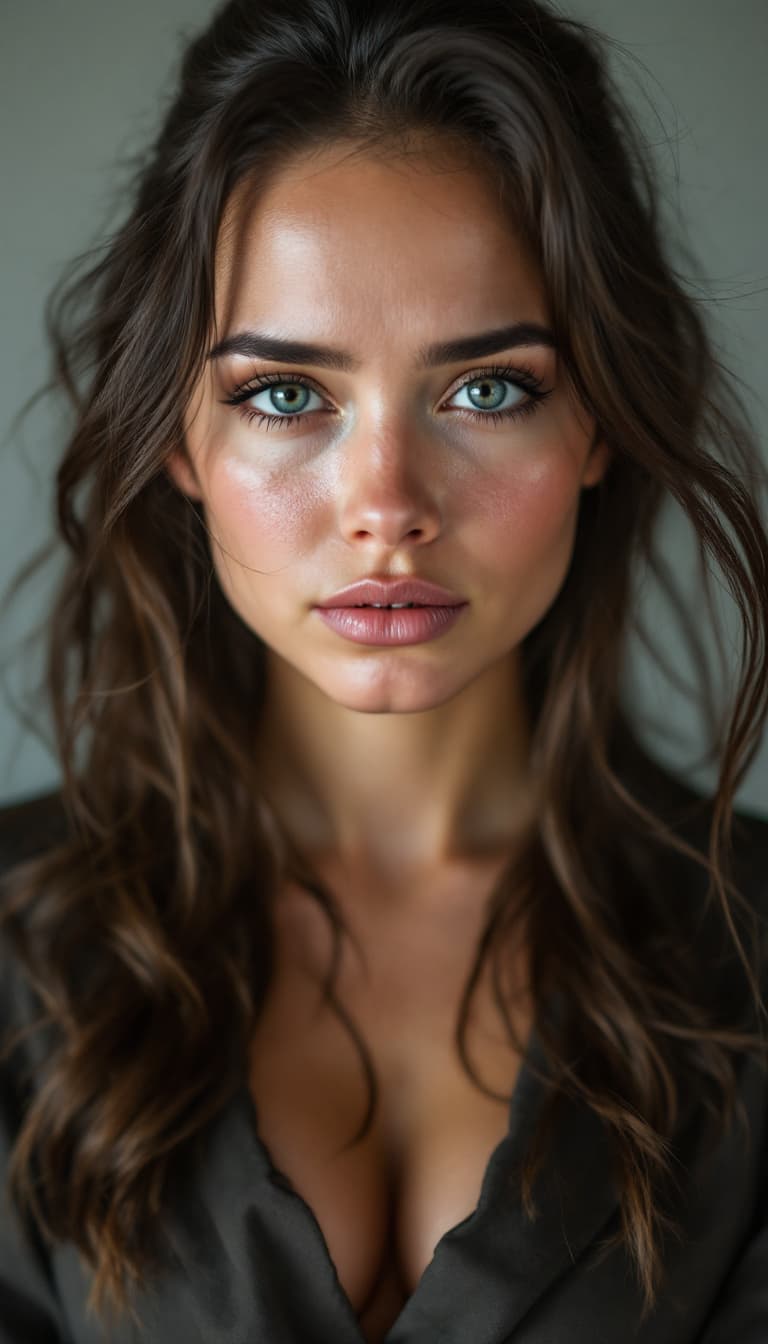 AI generated: Huge xl breast, woman with pure innocent gaze, pale face, little sad, expressive style, smudges, who...