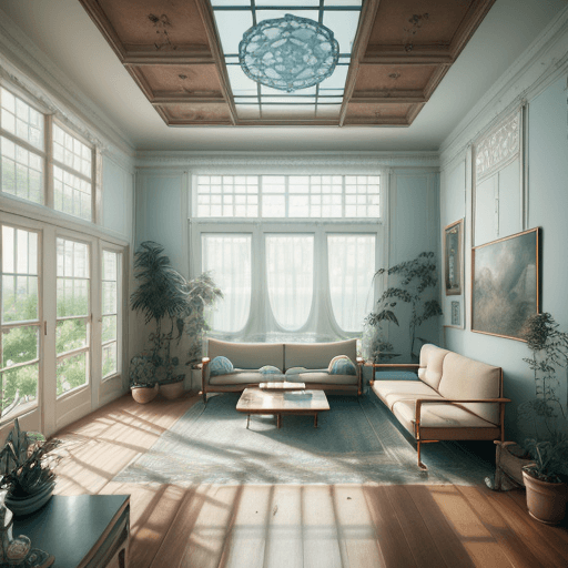 AI generated: High resolution photography interior design, dreamy sunken living room conversation pit, wooden floo...