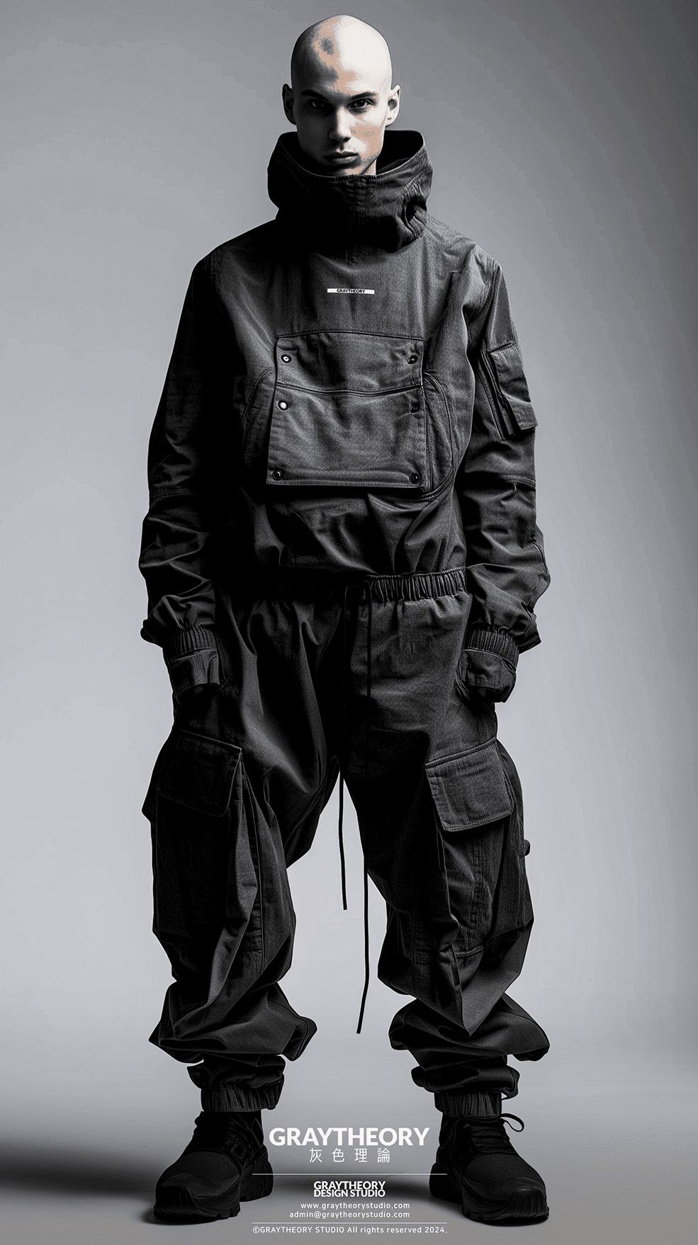 AI generated: Photograph, urban millitary, technical materials, fabric small point label on text 'Graytheory', sma...
