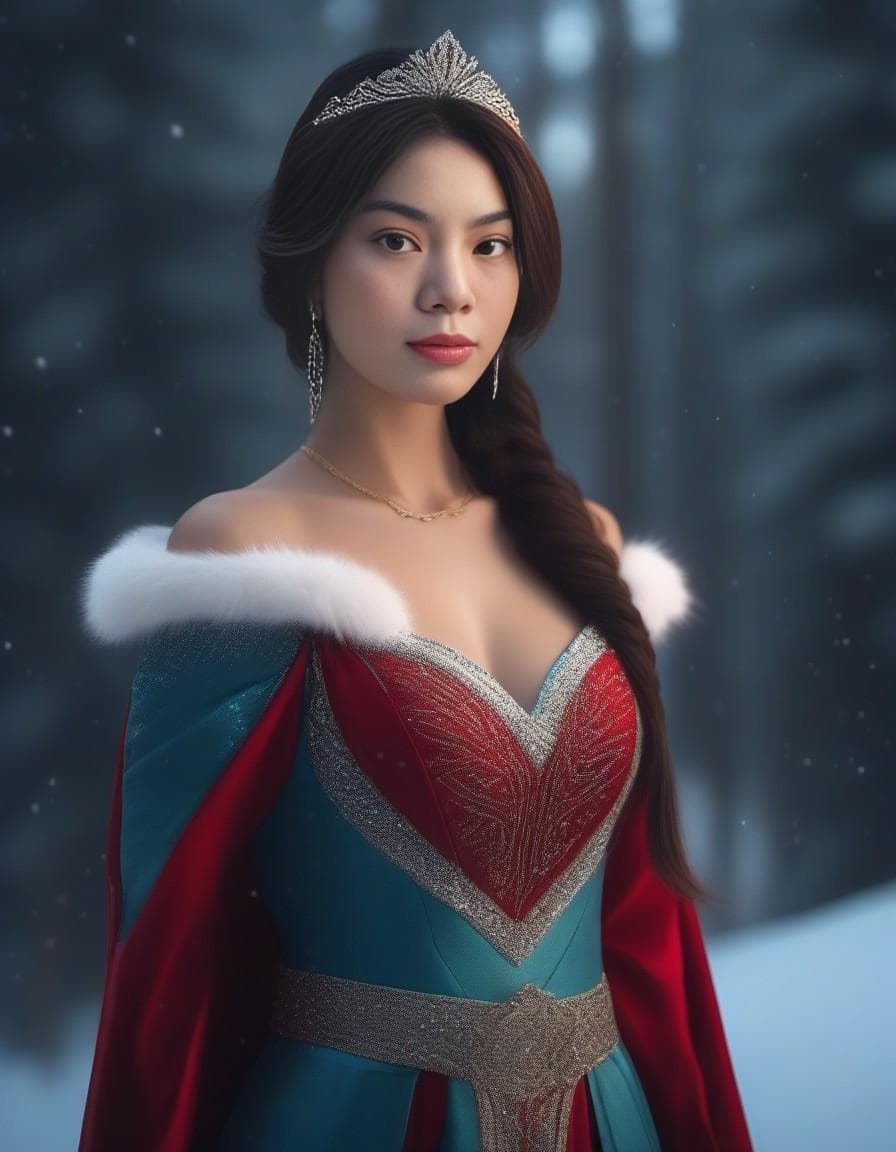 AI generated: (real female in Elsa outfit), red dress winter background, (((full body visible))), looking at viewe...