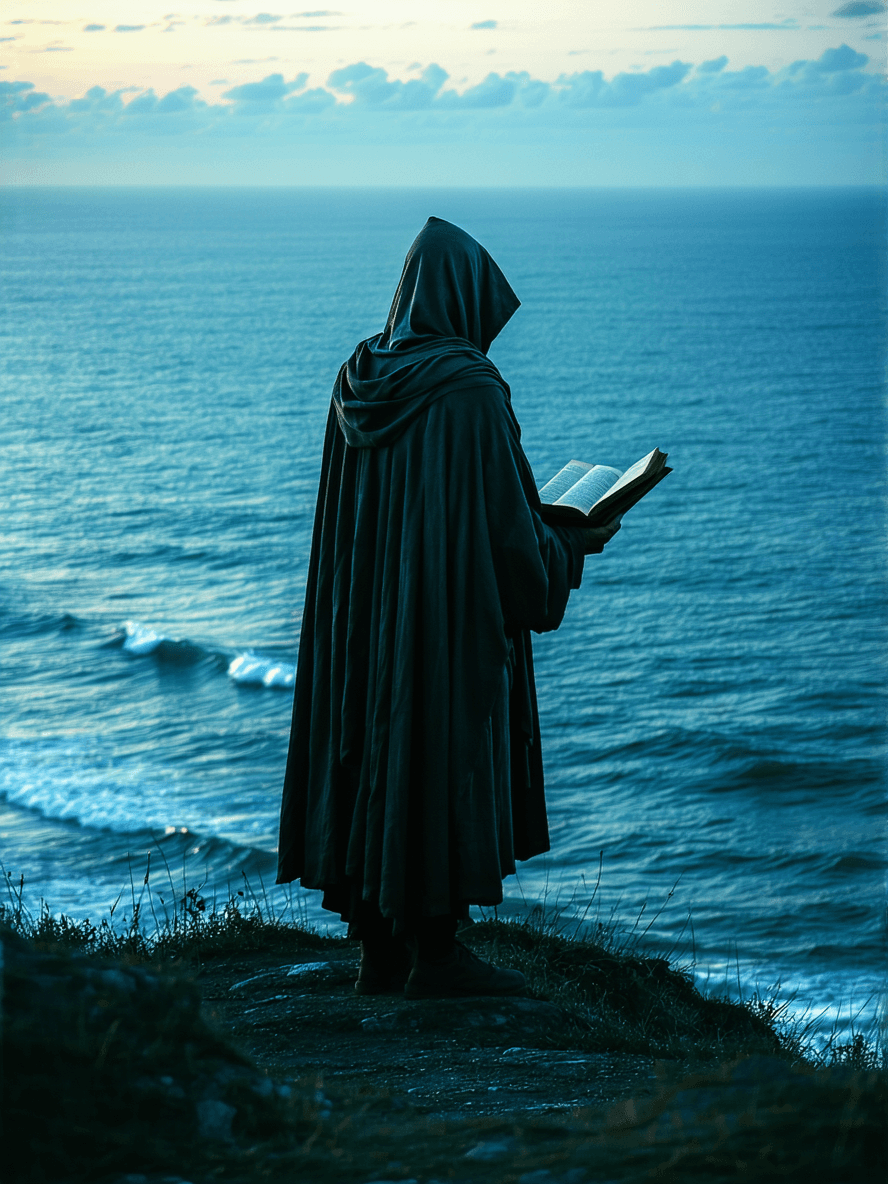 AI generated: A lone figure, deep in thought, stands at the edge of a cliff, overlooking a vast, serene ocean bene...