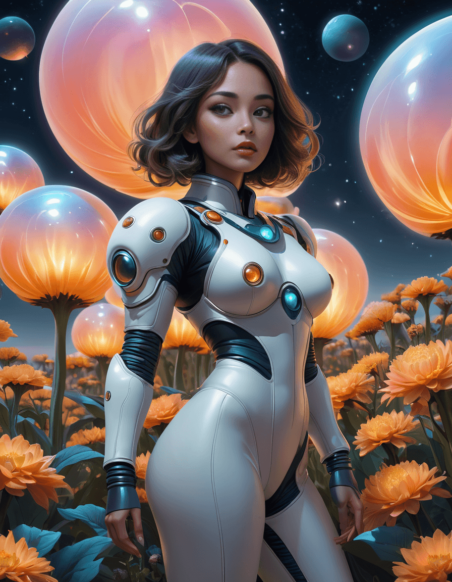 AI generated: digital art, dream fantasy, a woman standing wearing a space suit, surrounded by large bulbous glowi...