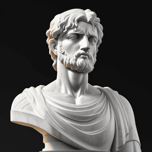 AI generated: a marble statue of a sad and pensive Greek philosopher, black background, statue in a classical styl...