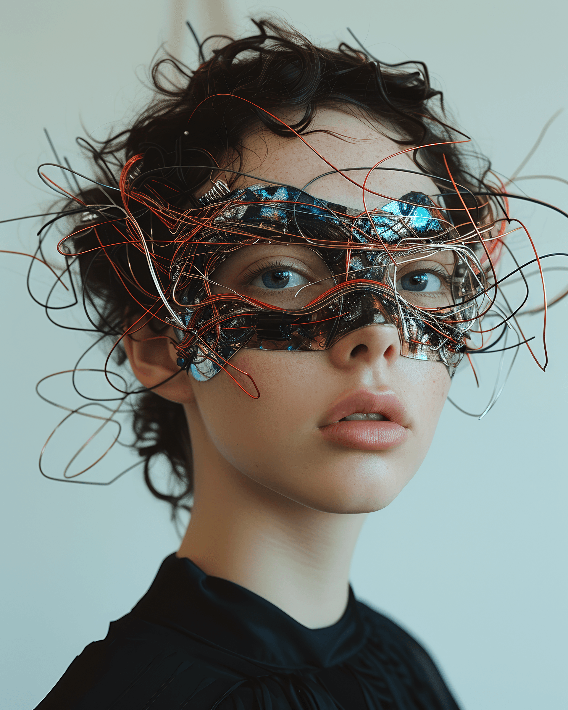 AI generated: a woman wears a mask that has wire wrapped, rebecca sugar, clamp, douglas smith, restrained forms, e...