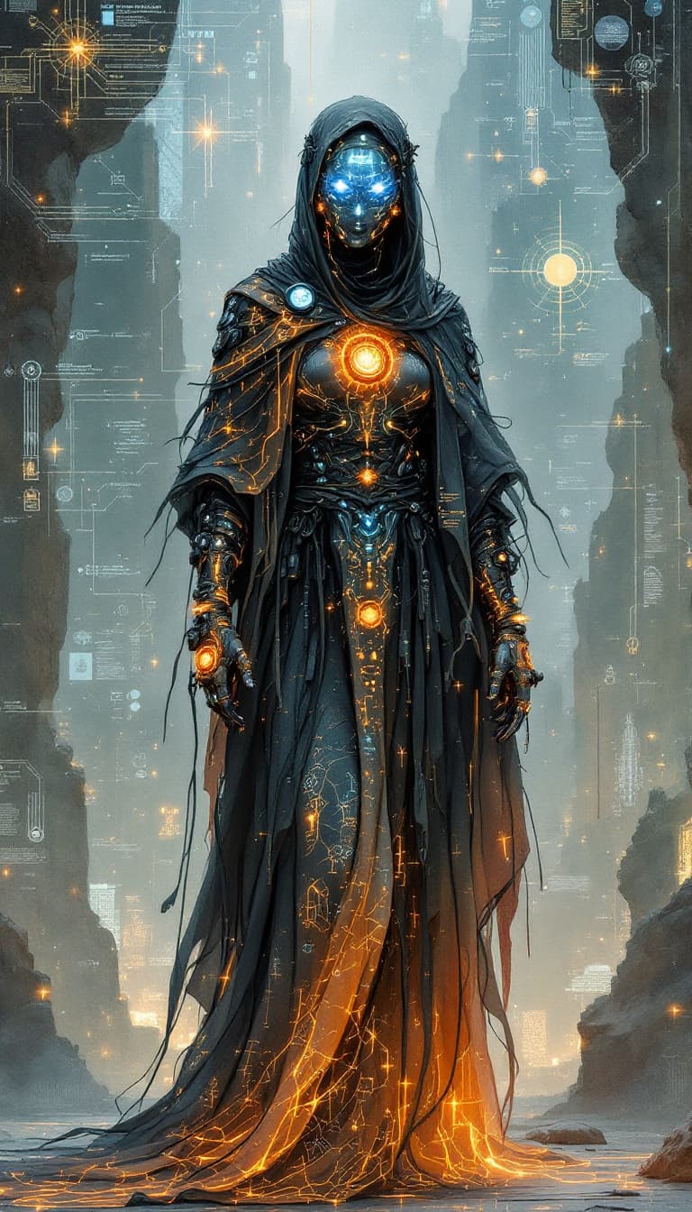 AI generated: Conceptual design: Cybernetic Memory Weaver from the Neural Syndicate. This introspective graffiti-p...