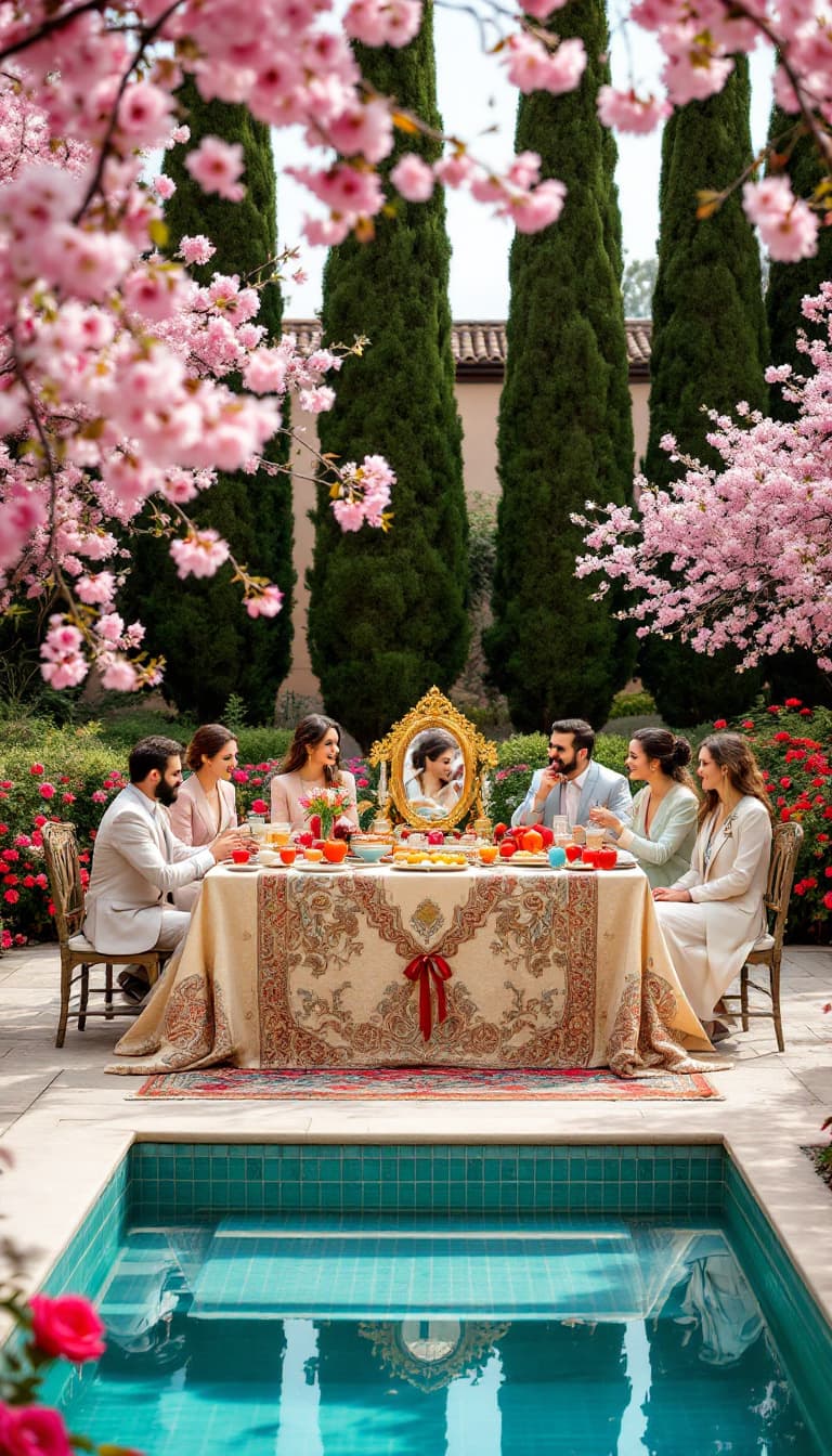 AI generated: "A traditional Persian garden with a turquoise-tiled pool at the center, surrounded by rose bushes a...