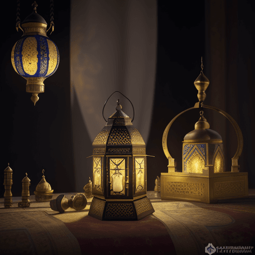 AI generated: Close-up of the Ramadan lantern with the cannon and the decorated Qur’an, mosques in the background,...