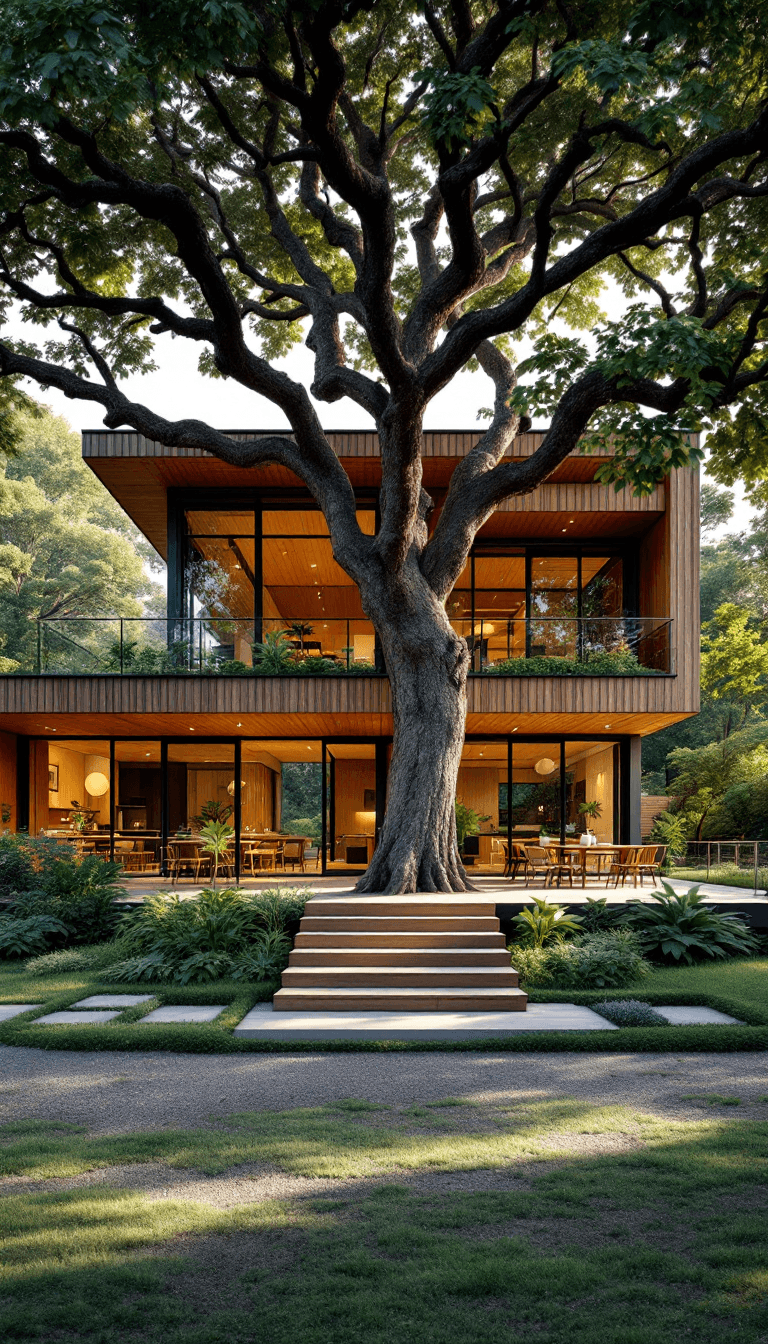AI generated: A wide-angle shot of a two-story modern cottage house, with the second floor stretching across in wi...