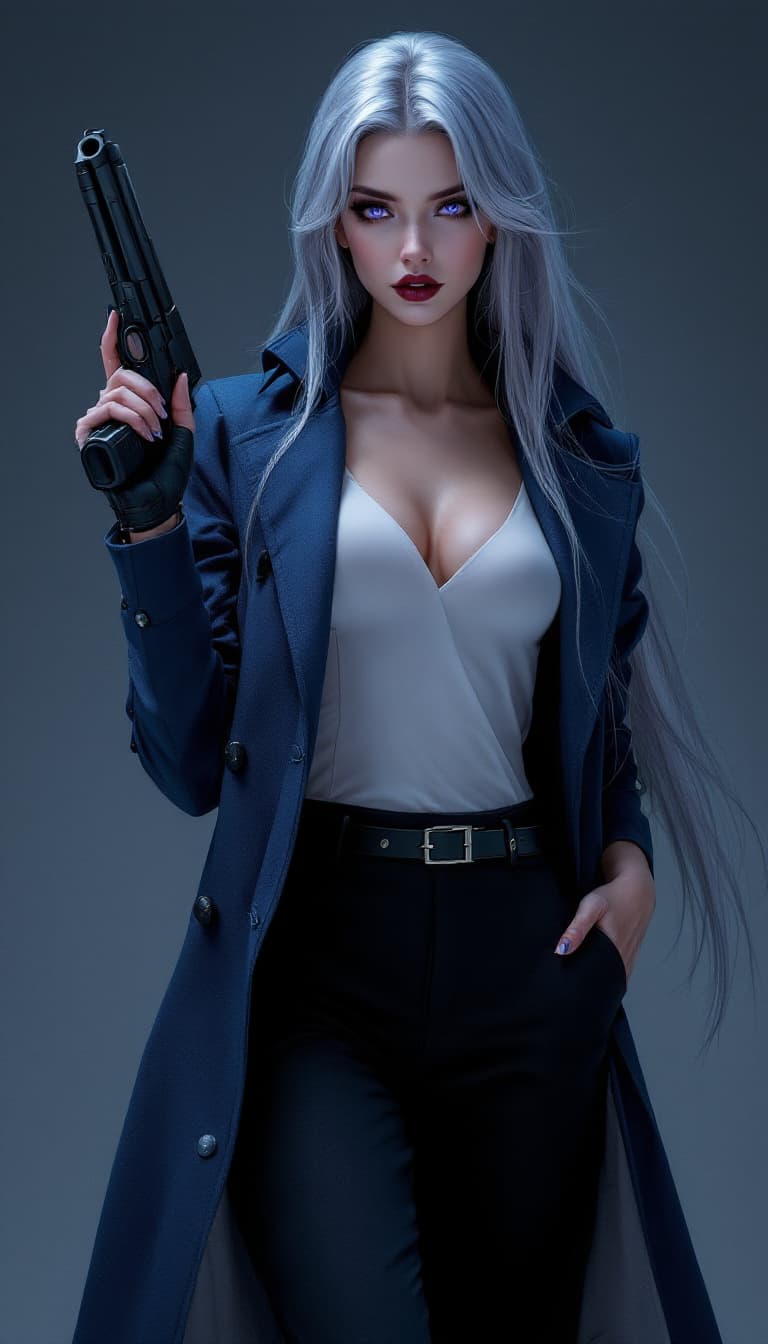 AI generated: "Silvered Phantom in Midnight": A stunning digital art depiction showcases a female character in hig...