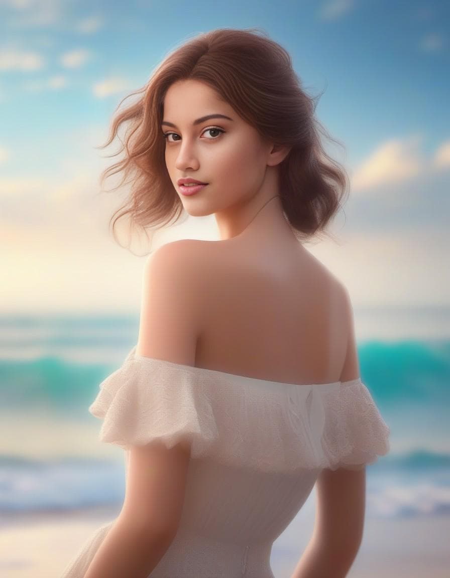 AI generated: digital girl illustration art, in the style of romantic soft focus and ethereal light, beach portrai...
