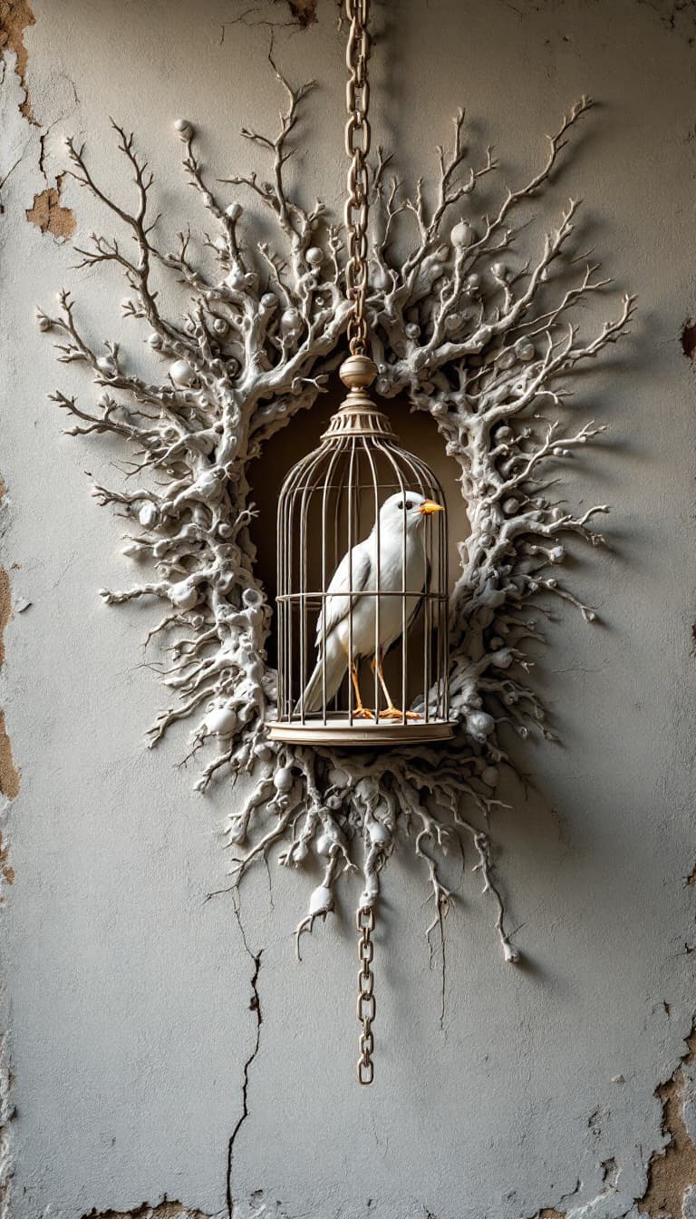 AI generated: 3d A bird in a cage in Chains with  and Chains shaped branches, in the style of medical imaging film...