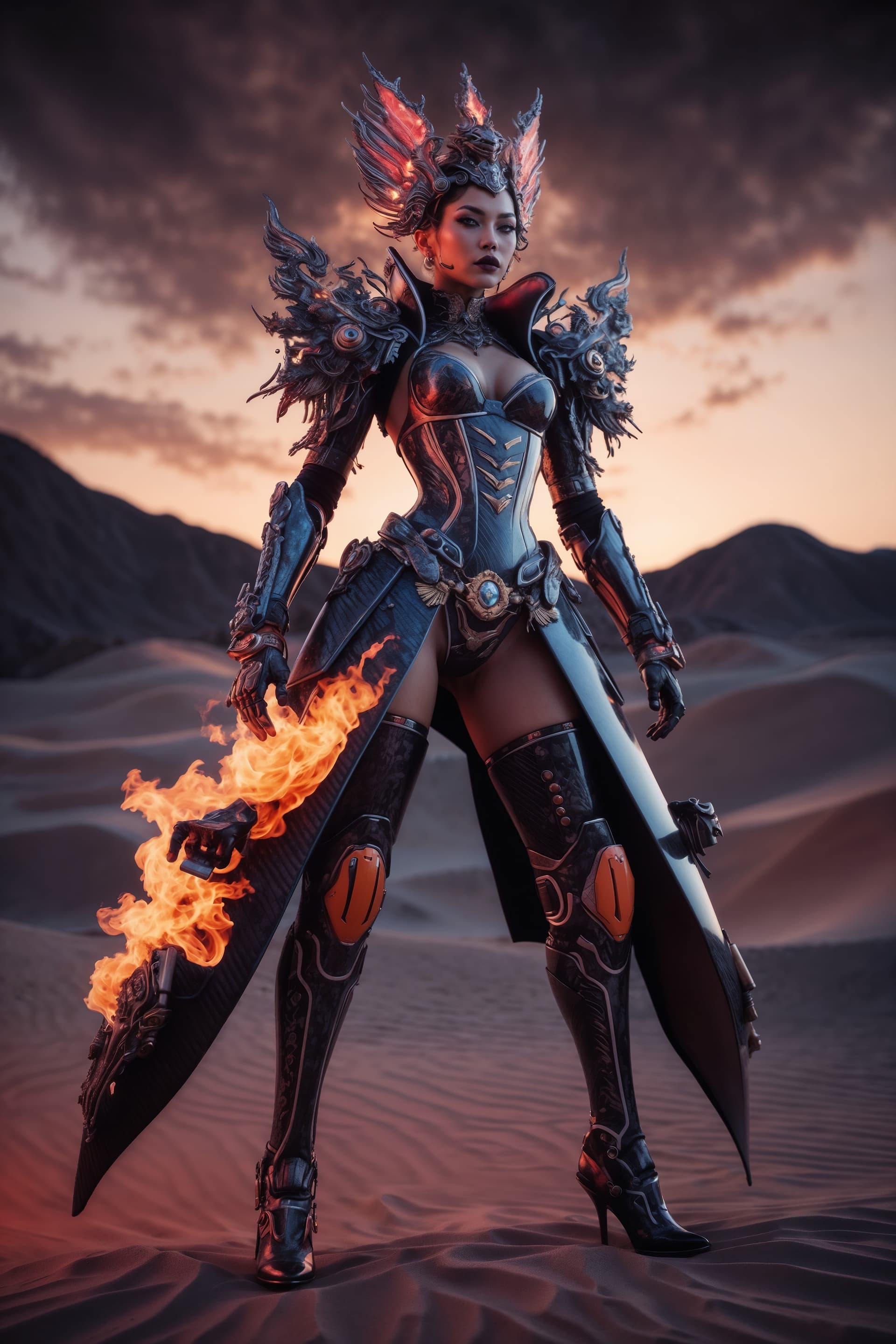 AI generated: a highly detailed, hyper-realistic, futuristic warrior stands poised, and ornate, comprised of intri...