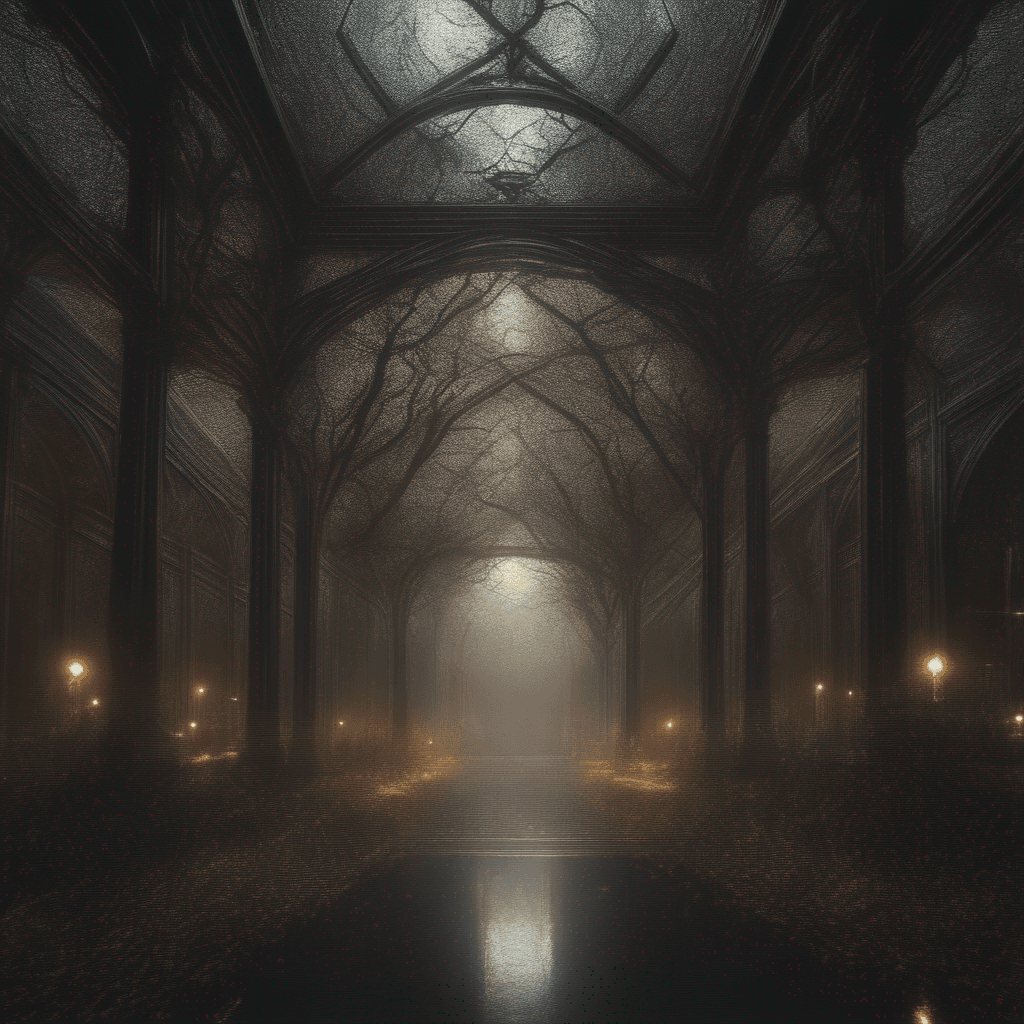 AI generated: an image of many trees, its gnarled branches reaching out to embrace the cathedral ceiling, while be...