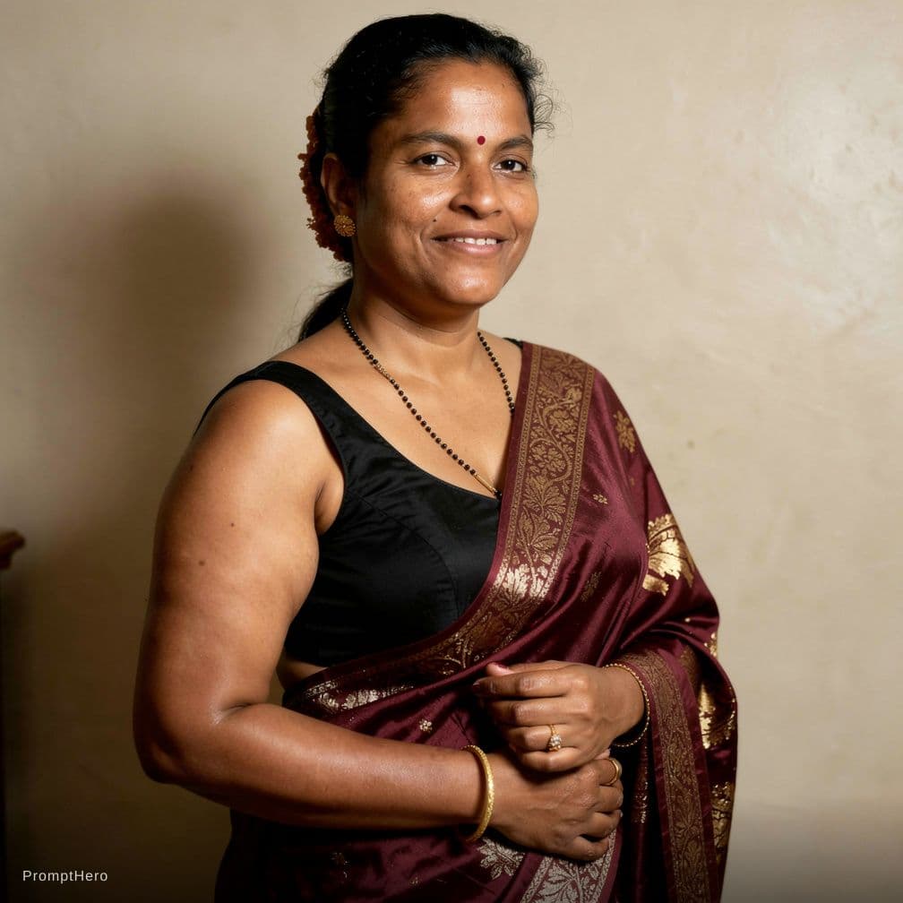 AI generated: Traditional indoor portrait.
Outfit: black sleeveless blouse with maroon patterned saree.
Pose: side...