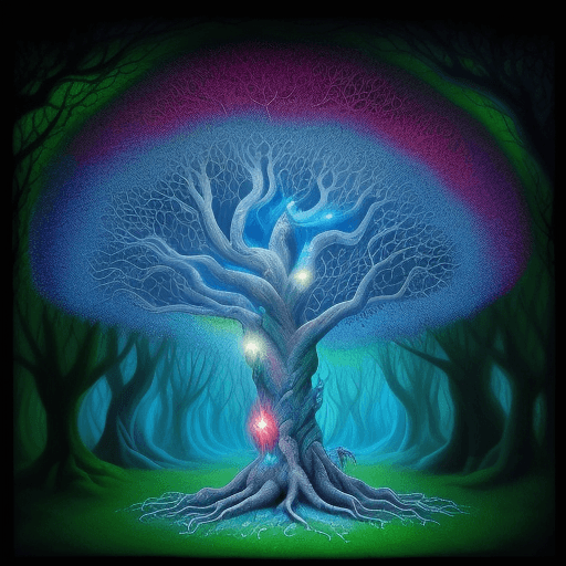 AI generated: pintura psicodélica, galáxia, cogumelos mágicos, arvores da vida, rios coloridos, seres extraterrest...