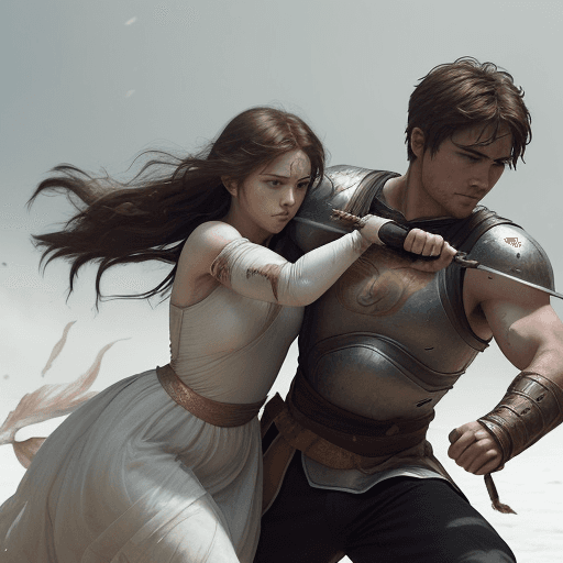 AI generated: A male figure, a skilled warrior, rushes to her side, his powerful frame contrasting her fragility. ...