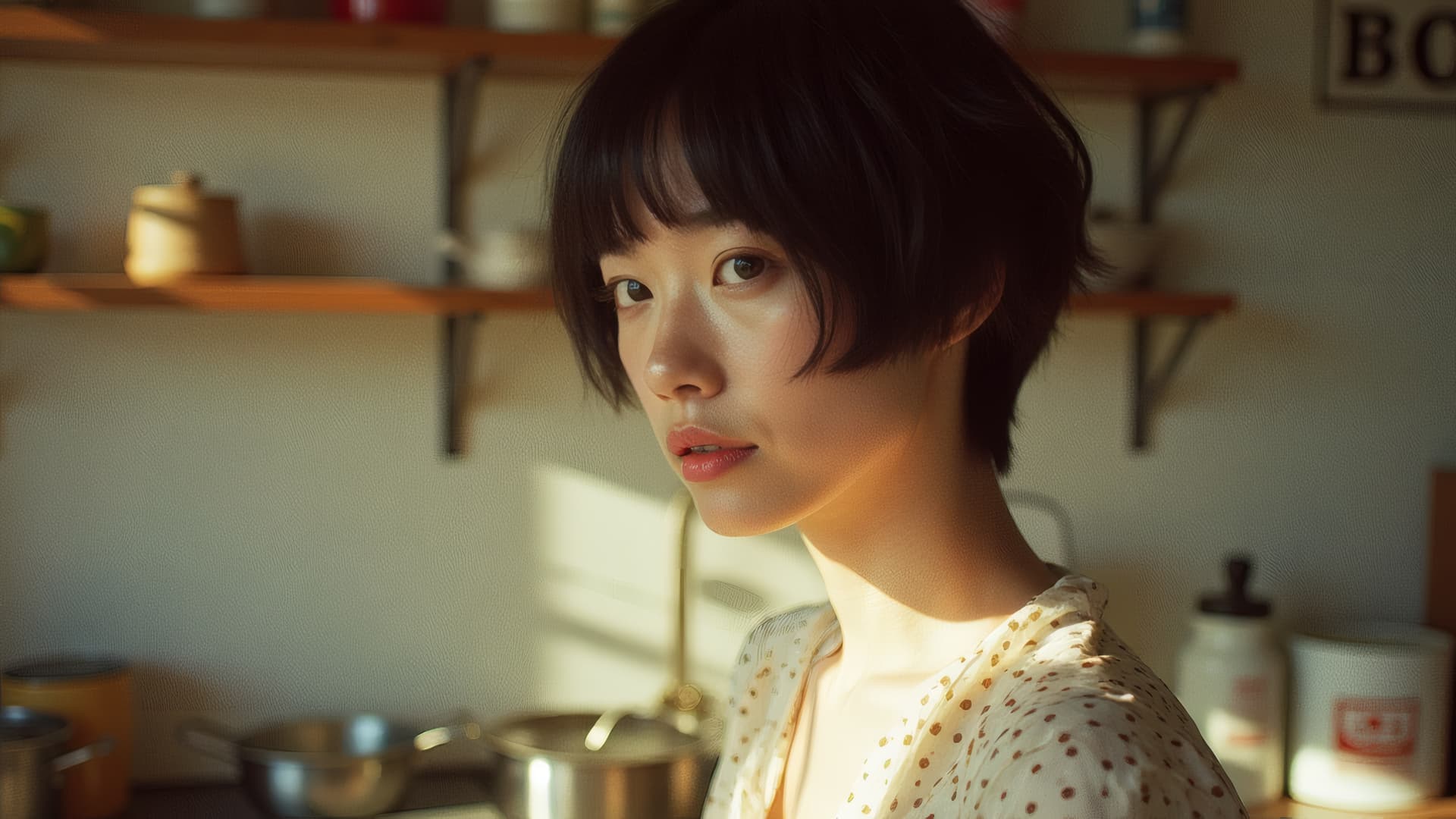 AI generated: Short-haired beauty, daily sling at home, film photography, Renko Kawauchi photography style, half-l...