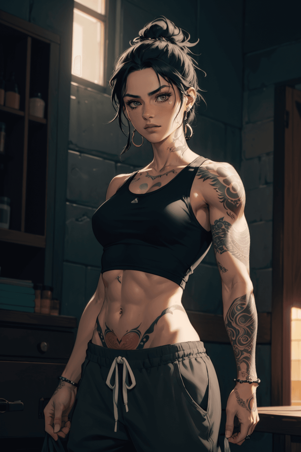 AI generated: beautiful warrior woman, intricately covered in tattoos, (wearing a black tank-top and baggy joggers...