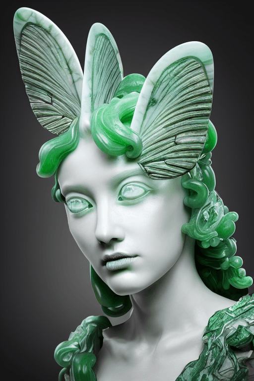 AI generated: ultra detailed marble and jade sculpture of a moth queen, beautiful face, volumetric fog, Hyperreali...
