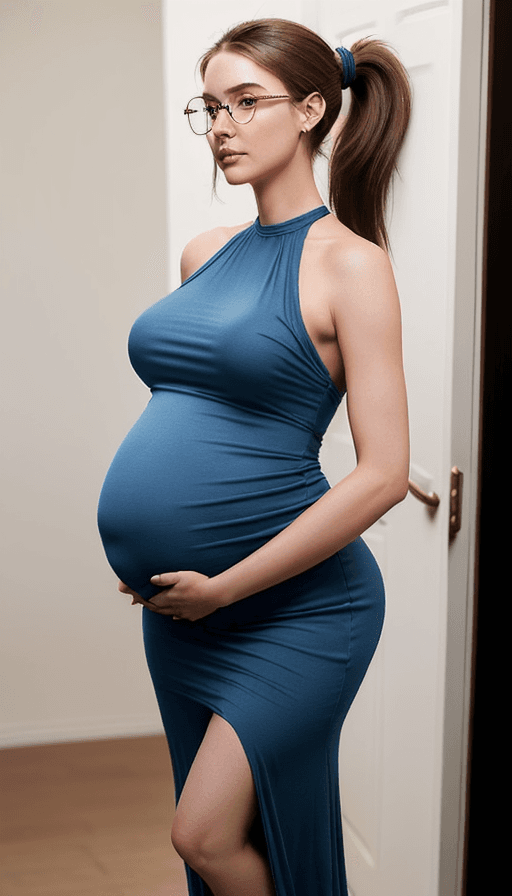 AI generated: An attractive pregnant 23 year old woman with a full figure stands nervously at an open door. She is...