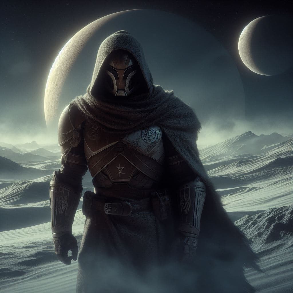 AI generated: In the cold, desolate expanse of a distant moon, Soren, a stoic lunar guardian, patrols the barren l...