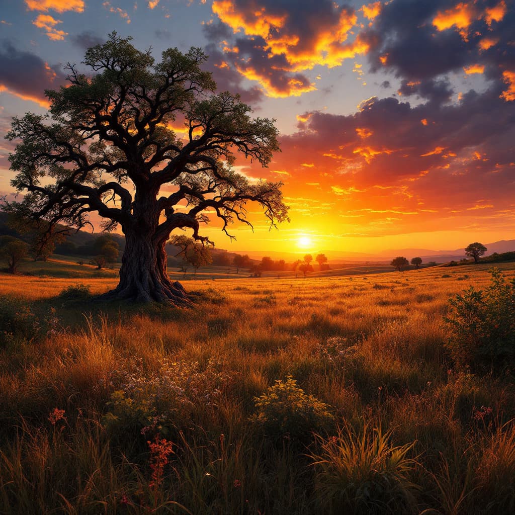 AI generated: a sprawling field at the golden hour of dusk, where the sky is ablaze with hues of orange, red, and ...
