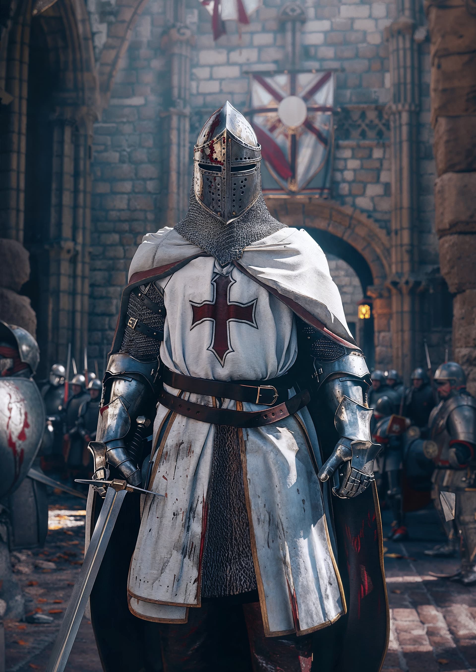 AI generated: historical scene photography, templar knight with his armor, helmet and sword standing in a castle's...