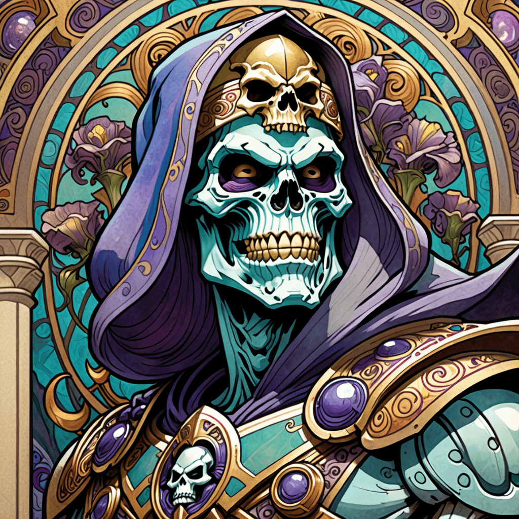 AI generated: highly detailed portrait of Skeletor, Alphonse Mucha Style page